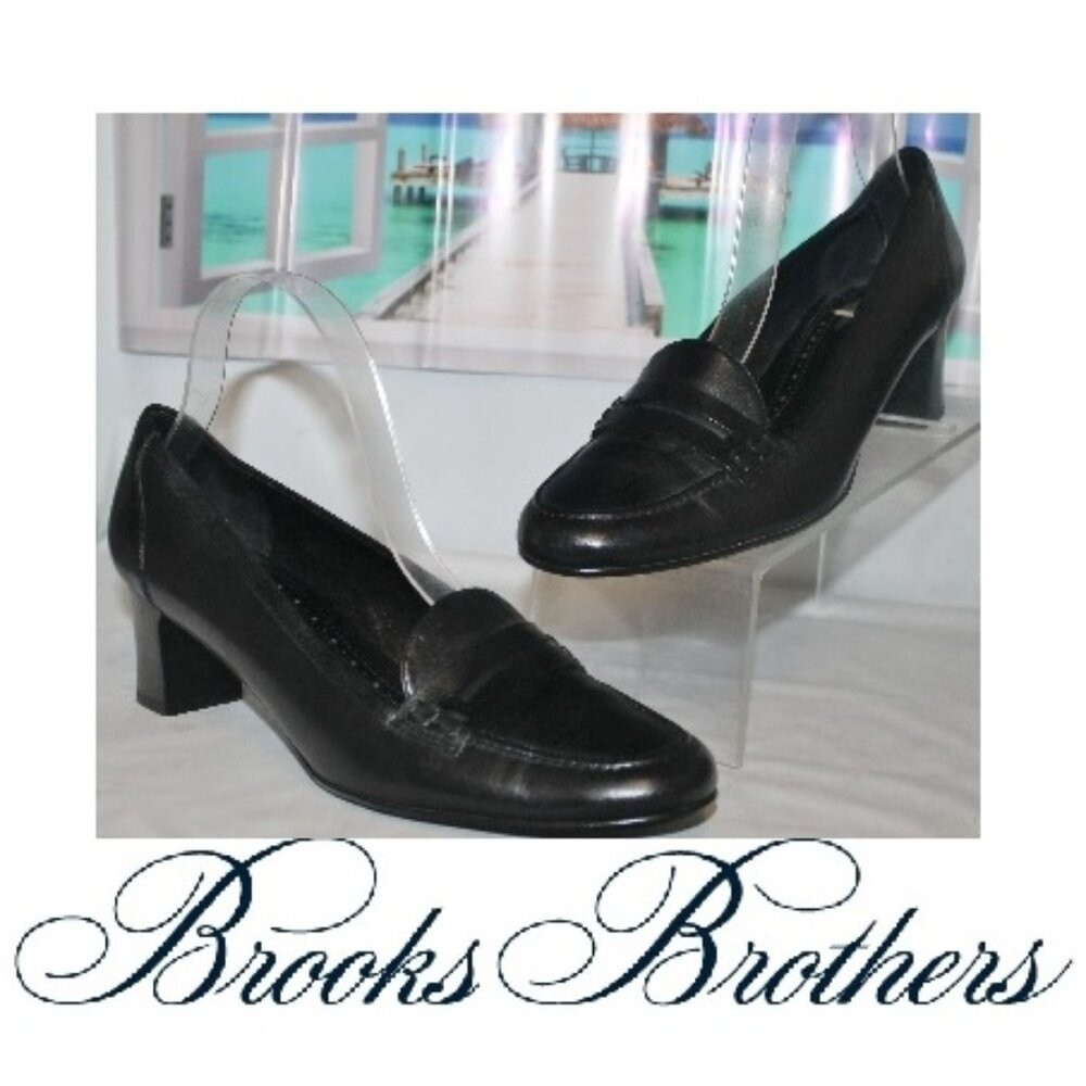 Mint $298 Brooks Brothers Black Leather Heeled Penny Loafers